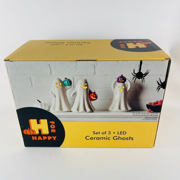 Halloween LED Ceramic Ghosts Set of 3; H for Happy - Picture 2 of 4
